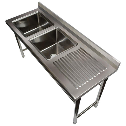 Commercial Sink Stainless Steel 1700x600x900mm 2 Bowls Left Splashback | St245 Bl