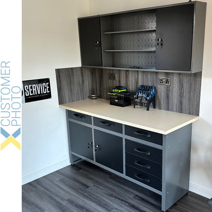 Professional Grey &Amp; Black Workshop Workbench With 30mm Wooden Desktop 6 Drawers &Amp; 2 Lockable Doors 1600x600x850mm |  Tc008