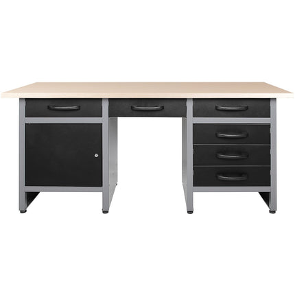 Professional Grey And Black Workshop Workbench With 30mm Wooden Desktop, 6 Drawers And Lockable Door 1600x600x850mm |  Tc007