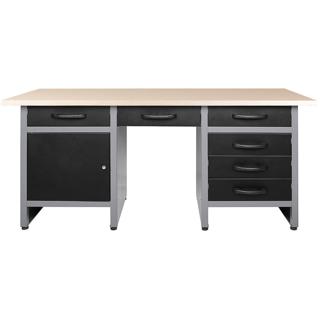 Professional Grey And Black Workshop Workbench With 30mm Wooden Desktop, 6 Drawers And Lockable Door 1600x600x850mm |  Tc007
