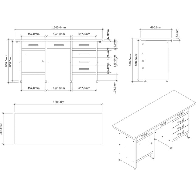 Professional Grey And Black Workshop Workbench With 30mm Wooden Desktop, 6 Drawers And Lockable Door 1600x600x850mm |  Tc007
