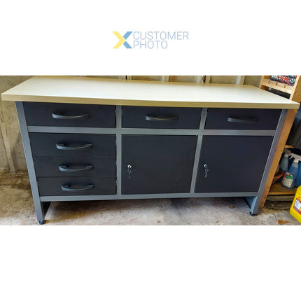 Professional Grey &Amp; Black Workshop Workbench With 30mm Wooden Desktop 6 Drawers &Amp; 2 Lockable Doors 1600x600x850mm |  Tc008