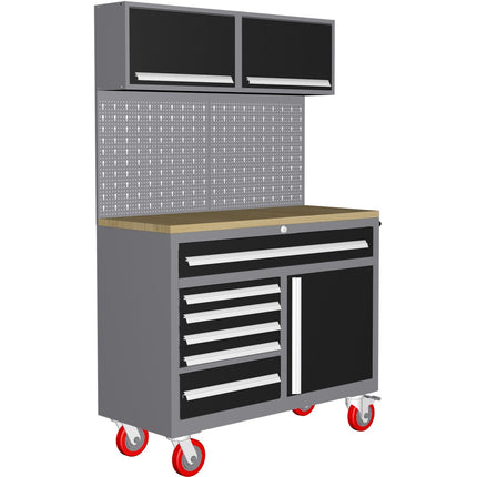 Garage Workstation Set With Wooden Desktop, 6 Drawers, 2 Top Tool Cabinets, And 1 Lower Cupboard, 1200x500x1870mm |  Tc063