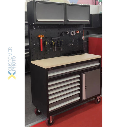Garage Workstation Set With Wooden Desktop, 6 Drawers, 2 Top Tool Cabinets, And 1 Lower Cupboard, 1200x500x1870mm |  Tc063