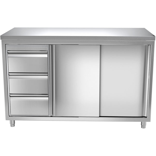Commercial Worktop Floor Cupboard 3 Drawers Left 2 Sliding Doors Stainless Steel Width 1600mm Depth 600mm |  Thasr166 L3