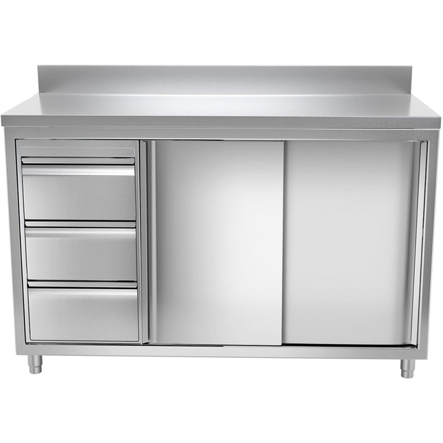 Commercial Worktop Floor Cupboard 3 Drawers Left 2 Sliding Doors Stainless Steel Width 1600mm Depth 600mm Upstand |  Thasr166 L3 A