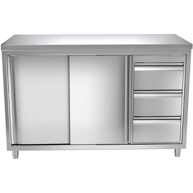 Commercial Worktop Floor Cupboard 3 Drawers Right 2 Sliding Doors Stainless Steel Width 1600mm Depth 700mm |  Thasr167 R3