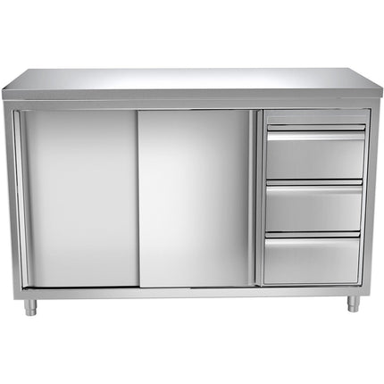 Commercial Worktop Floor Cupboard 3 Drawers Right 2 Sliding Doors Stainless Steel Width 1600mm Depth 600mm |  Thasr166 R3