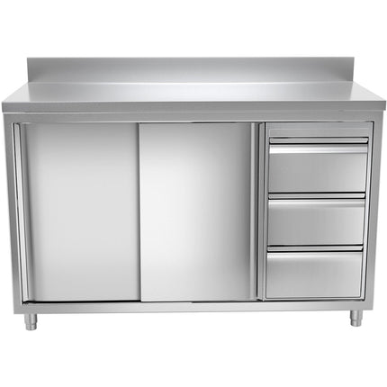 Commercial Worktop Floor Cupboard 3 Drawers Right 2 Sliding Doors Stainless Steel 1400x700x850mm Upstand |  Vtc147 R3 B