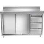Commercial Worktop Floor Cupboard 3 Drawers Right 2 Sliding Doors Stainless Steel 1400x600x850mm Upstand |  Vtc146 R3 B