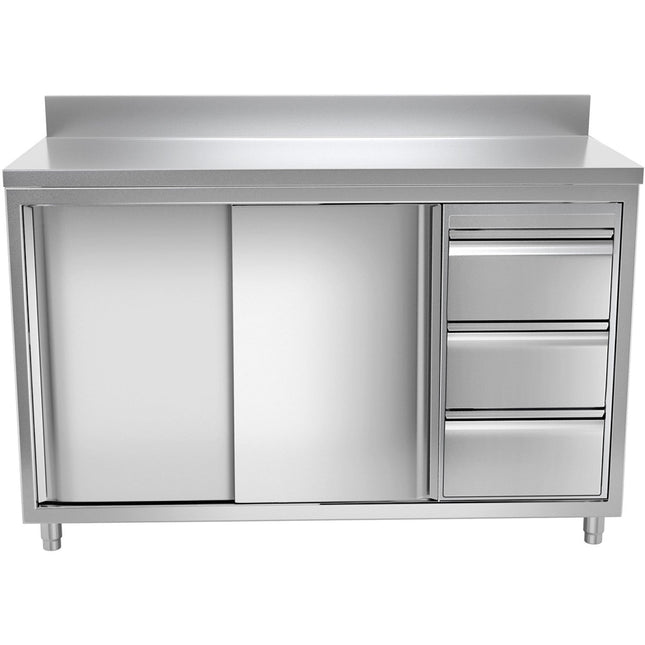 Commercial Worktop Floor Cupboard 3 Drawers Right 2 Sliding Doors Stainless Steel 1400x600x850mm Upstand |  Vtc146 R3 B