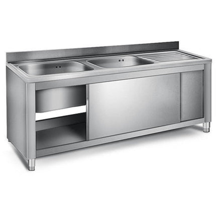 Commercial Sink With Cupboard Stainless Steel 2 Bowls Left Splashback Width 1800mm Depth 600mm | Vsc186 Lbt