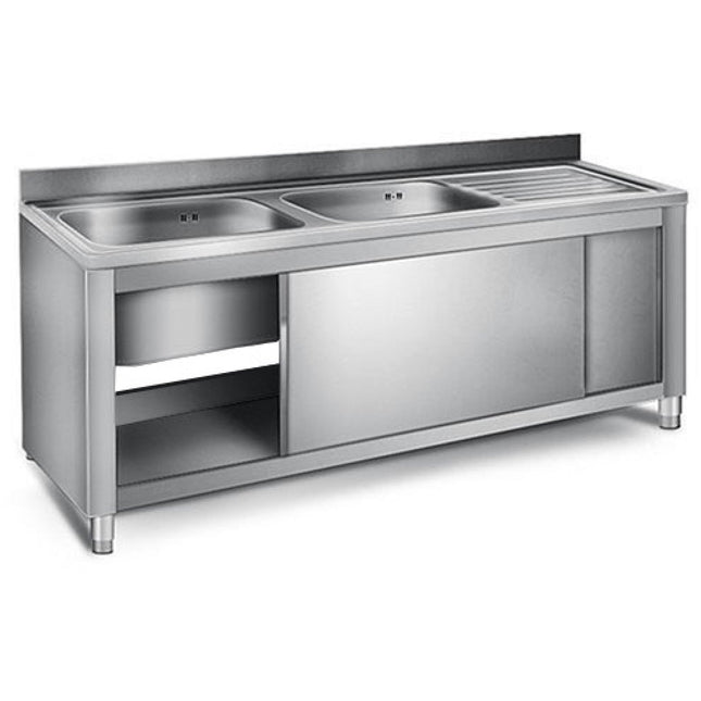 Commercial Sink With Cupboard Stainless Steel 2 Bowls Left Splashback Width 1800mm Depth 600mm |  Thssr186 Bl2