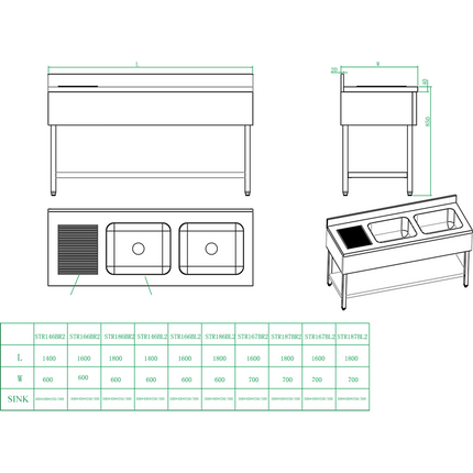 Commercial Sink Stainless Steel 2 Bowls Right Bottom Shelf Splashback 1400mm Depth 600mm |  Vs146 Rbt