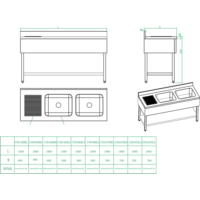 Commercial Sink With Cupboard Stainless Steel 2 Bowls Right Splashback Width 1400mm Depth 700mm |  Vsc147 Rbt