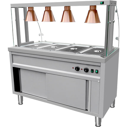 Commercial Bain Marie With Cabinet 4×Gn1/1 Curved Glass Display And 4 Heat Lamps 1470x700x1450mm | Vbmgn4 Aen