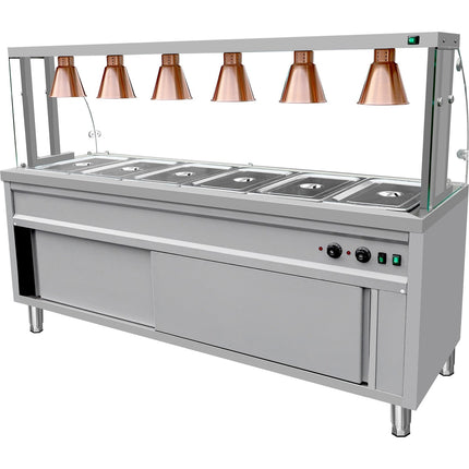 Commercial Bain Marie With Cabinet 6×Gn1/1 Curved Glass Display And 6 Heat Lamps 2130x700x1450mm | Vbmgn6 Aen
