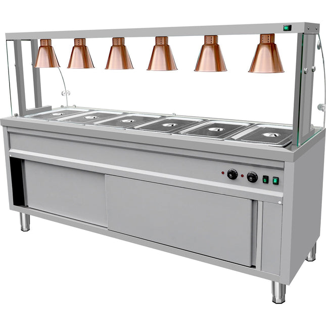 Commercial Bain Marie With Cabinet 6×Gn1/1 Curved Glass Display And 6 Heat Lamps 2130x700x1450mm | Vbmgn6 Aen