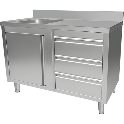 Commercial Sink With Cupboard And 3 Drawers Stainless Steel 1 Bowl Left Splashback 1200x600x950mm | Vsc126 Lbs3 Rd