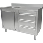 Commercial Sink With Cupboard And 3 Drawers Stainless Steel 1 Bowl Left Splashback 1200x600x950mm | Vsc126 Lbs3 Rd