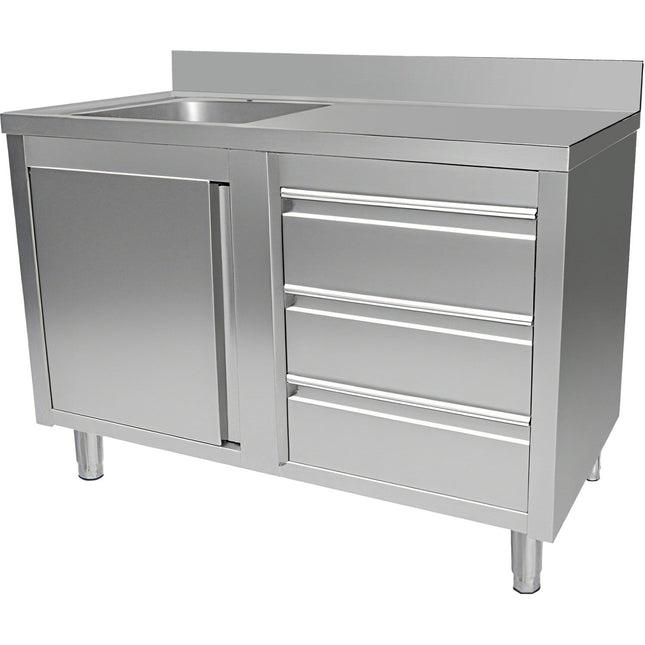 Commercial Sink With Cupboard And 3 Drawers Stainless Steel 1 Bowl Left Splashback 1200x600x950mm | Vsc126 Lbs3 Rd