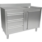 Commercial Sink With Cupboard And 3 Drawers Stainless Steel 1 Bowl Right Splashback 1200x600x950mm | Vsc126 Rbs3 Ld