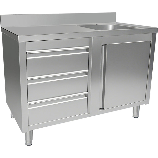 Commercial Sink With Cupboard And 3 Drawers Stainless Steel 1 Bowl Right Splashback 1200x600x950mm | Vsc126 Rbs3 Ld