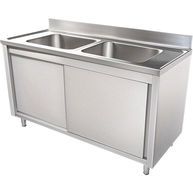 Commercial Stainless Steel Sink With Cupboard &Amp; Splashback 2 Bowls 1200x600x850mm | Qnh1004