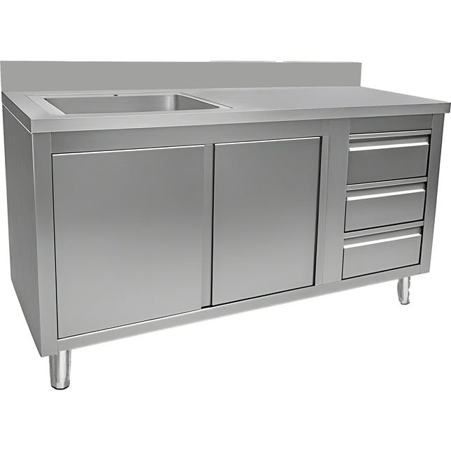 Commercial Sink With Cupboard And 3 Drawers Stainless Steel 1 Bowl Left Splashback 1500x600x950mm | Vsc156 Lbs3 Rd