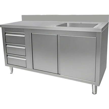 Commercial Sink With Cupboard And 3 Drawers Stainless Steel 1 Bowl Right Splashback 1500x600x950mm | Vsc156 Rbs3 Ld