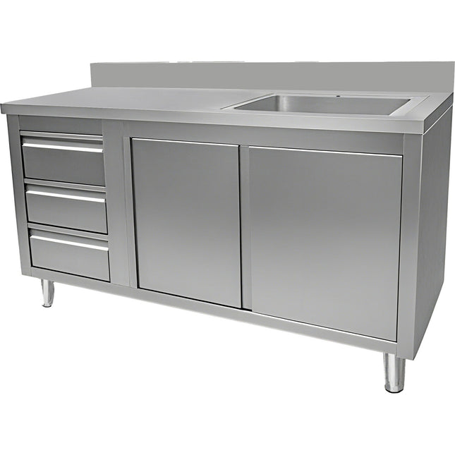 Commercial Sink With Cupboard And 3 Drawers Stainless Steel 1 Bowl Right Splashback 1500x600x950mm | Vsc156 Rbs3 Ld