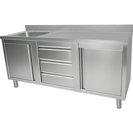 Commercial Sink With 2 Cupboards And 3 Drawers Stainless Steel 1 Bowl Left Splashback 1800x600x950mm | Vsc186 Lbs3 Md