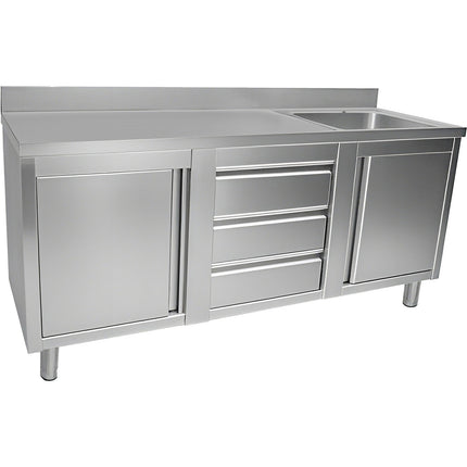 Commercial Sink With 2 Cupboards And 3 Drawers Stainless Steel 1 Bowl Right Splashback 2100x600x950mm | Vsc216 Rbs3 Md