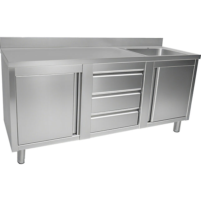 Commercial Sink With 2 Cupboards And 3 Drawers Stainless Steel 1 Bowl Right Splashback 1800x600x950mm | Vsc186 Rbs3 Md