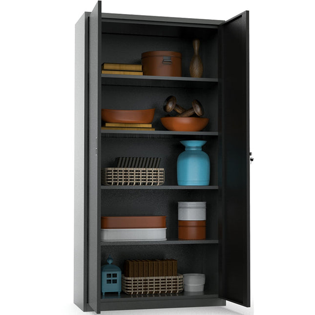 Heavy Duty Grey And Black 2 Door Lockable Steel Tool Cabinet With 4 Adjustable Shelves 900x380x1800mm |  Wg27