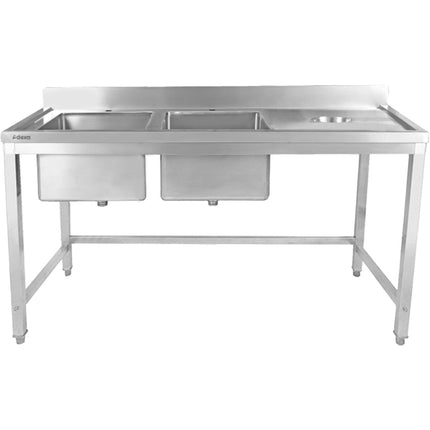 Commercial Stainless Steel Double Sink With 2 Left Bowls &Amp; Right Scrapping Hole + Splashback 1500x700x950mm | Whstt1570 L