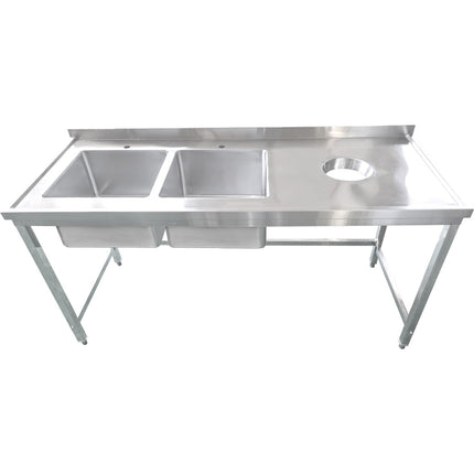 Commercial Stainless Steel Double Sink With 2 Left Bowls &Amp; Right Scrapping Hole + Splashback 1500x700x950mm | Whstt1570 L