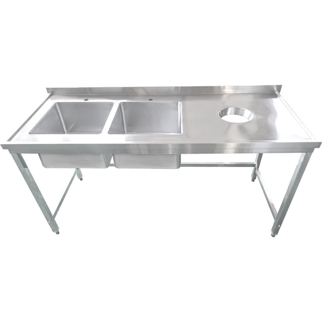 Commercial Stainless Steel Double Sink With 2 Left Bowls &Amp; Right Scrapping Hole + Splashback 1500x700x950mm | Whstt1570 L