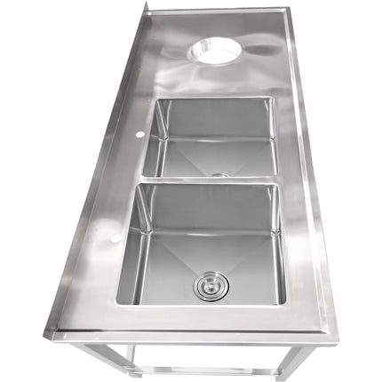 Commercial Stainless Steel Double Sink With 2 Left Bowls &Amp; Right Scrapping Hole + Splashback 1500x700x950mm | Whstt1570 L