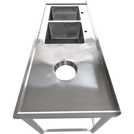 Commercial Stainless Steel Double Sink With 2 Left Bowls &Amp; Right Scrapping Hole + Splashback 1500x700x950mm | Whstt1570 L