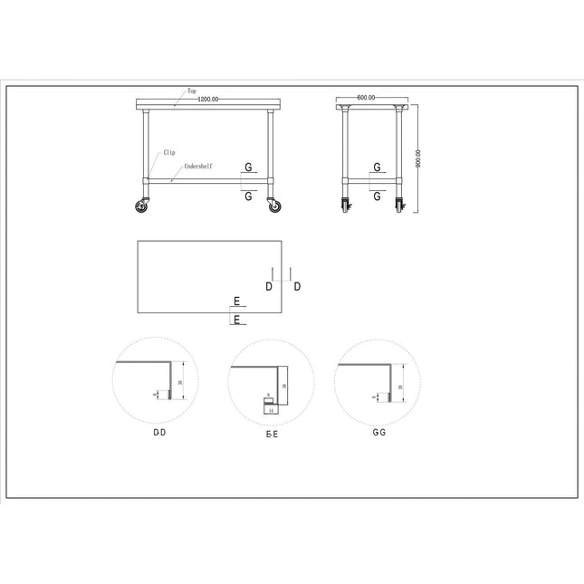 Commercial Mobile Stainless Steel Work Table Bottom Shelf 1200x600x900mm |  Wt60120 Gmobile