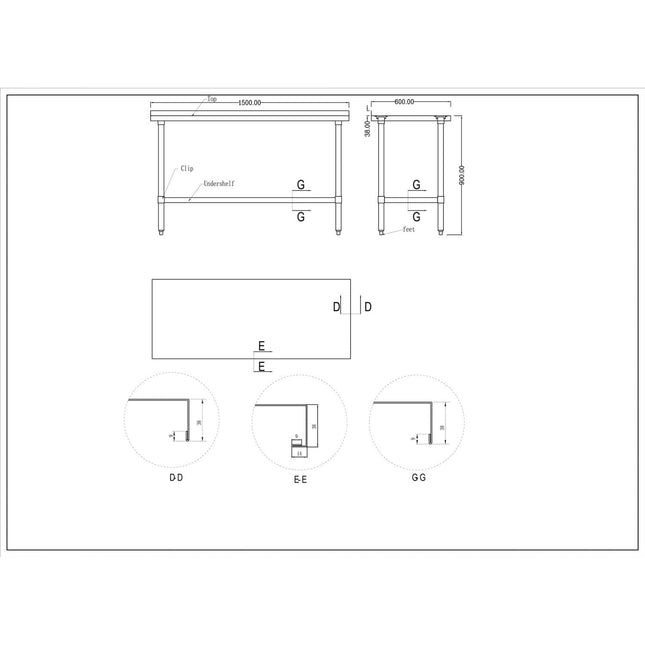 Commercial Stainless Steel Work Table Bottom Shelf Upstand 1500x600x900mm |  Wt60150 Gb