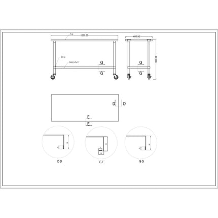 Commercial Mobile Stainless Steel Work Table Bottom Shelf 1500x600x900mm |  Wt60150 Gmobile