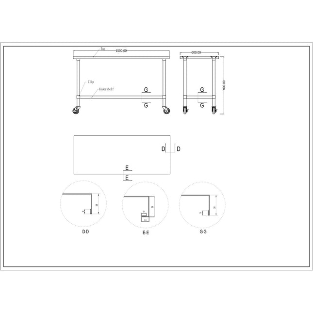 Commercial Mobile Stainless Steel Work Table Bottom Shelf 1500x600x900mm |  Wt60150 Gmobile