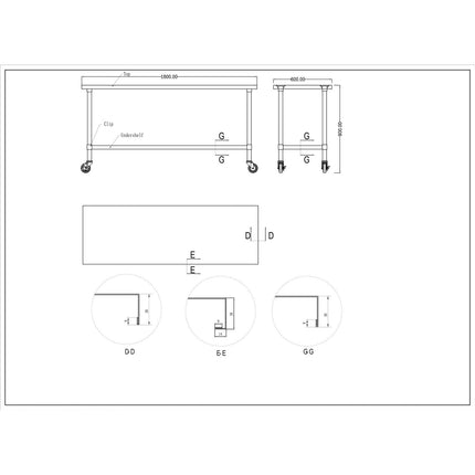 Commercial Mobile Stainless Steel Work Table Bottom Shelf 1800x600x900mm |  Wt60180 Gmobile