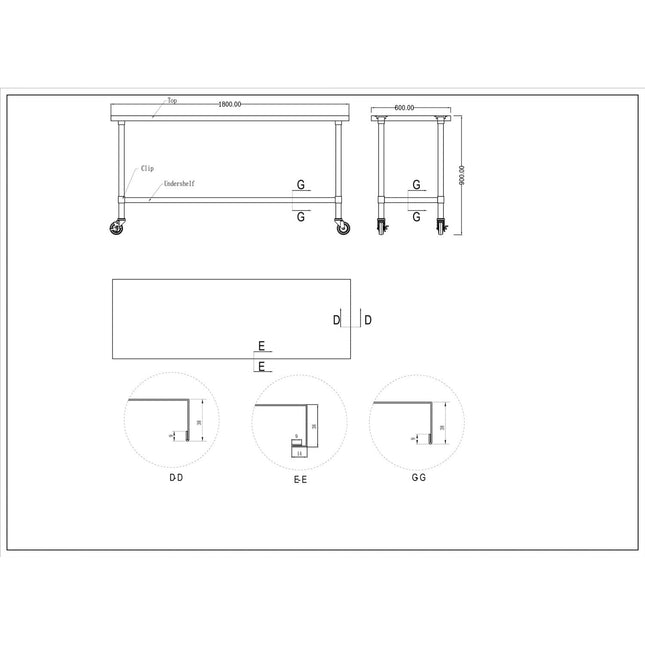 Commercial Mobile Stainless Steel Work Table Bottom Shelf 1800x600x900mm |  Wt60180 Gmobile