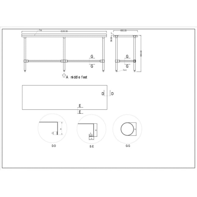 Commercial Stainless Steel Work Table No Bottom Shelf With Upstand 2100x600x900mm |  Wt60210 Gbnu