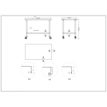 Commercial Mobile Stainless Steel Work Table Bottom Shelf 1200x700x900mm |  Wt70120 Gmobile