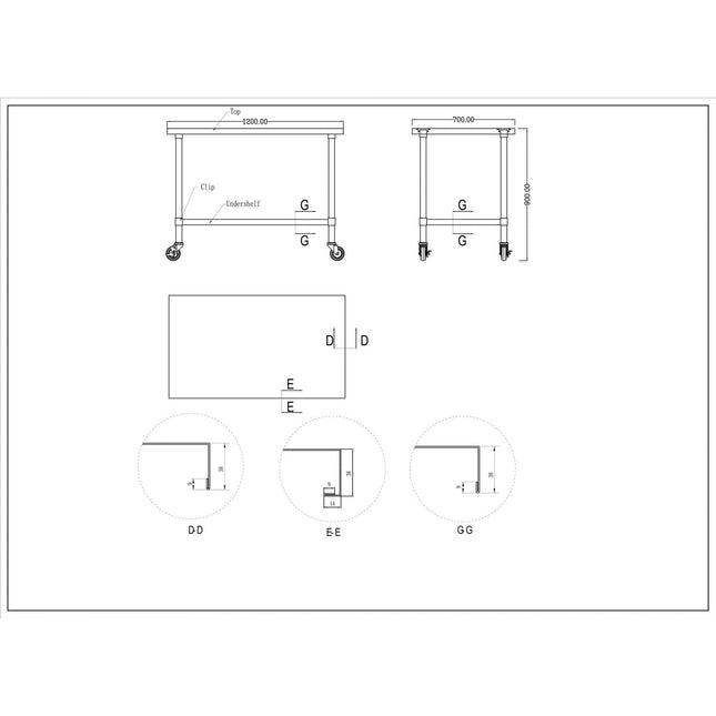 Commercial Mobile Stainless Steel Work Table Bottom Shelf 1200x700x900mm |  Wt70120 Gmobile
