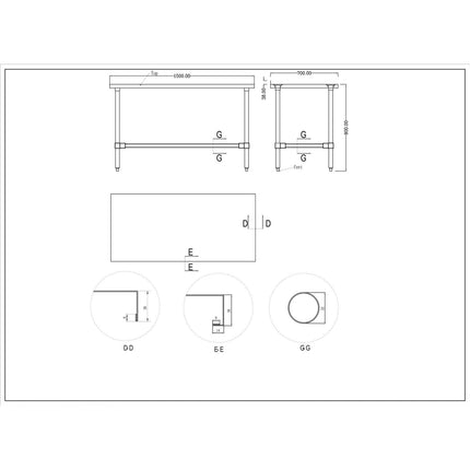 Commercial Stainless Steel Work Table No Bottom Shelf With Upstand 1500x700x900mm |  Wt70150 Gbnu